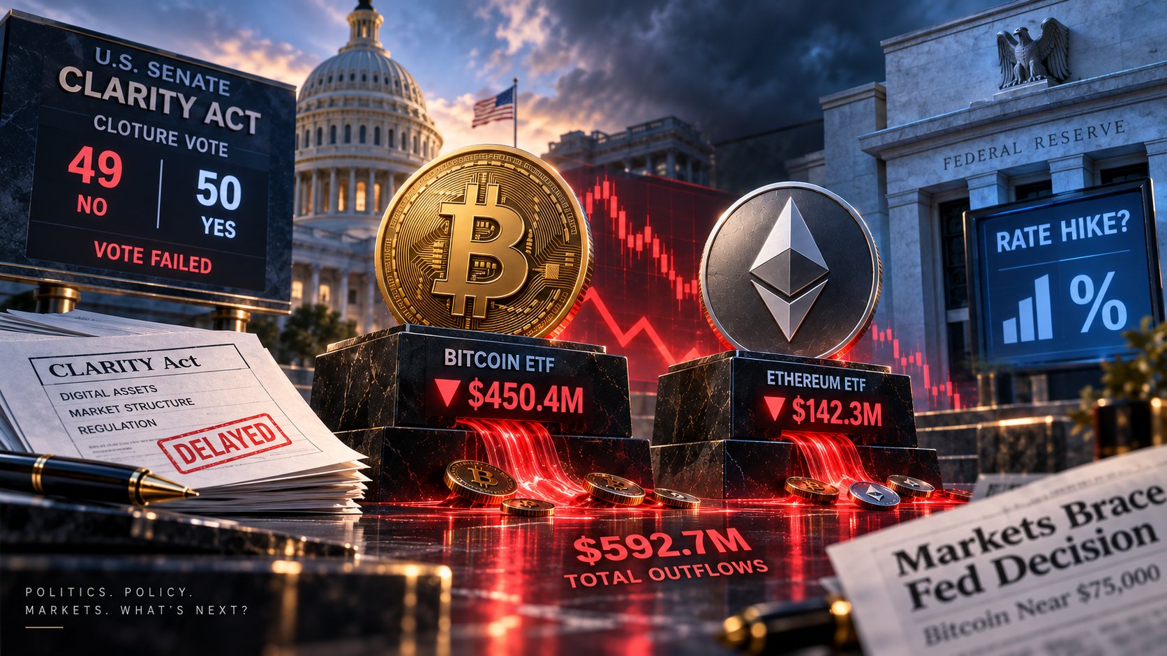 CLARITY Act Stalls as Bitcoin, Ether ETFs Lose $593M